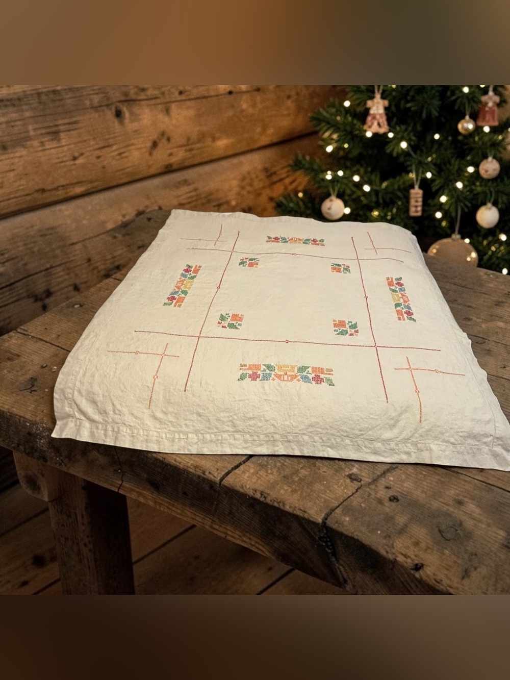 Vintage Linen Cream Cross Stitch Tablecloth Aztec Folk Art Native American